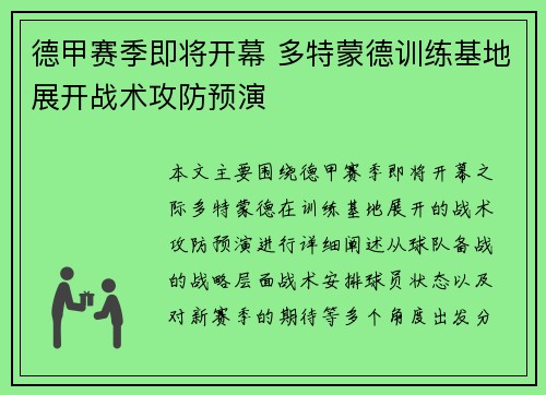 德甲赛季即将开幕 多特蒙德训练基地展开战术攻防预演