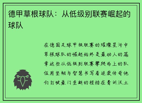 德甲草根球队：从低级别联赛崛起的球队