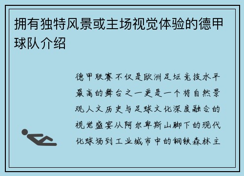 拥有独特风景或主场视觉体验的德甲球队介绍